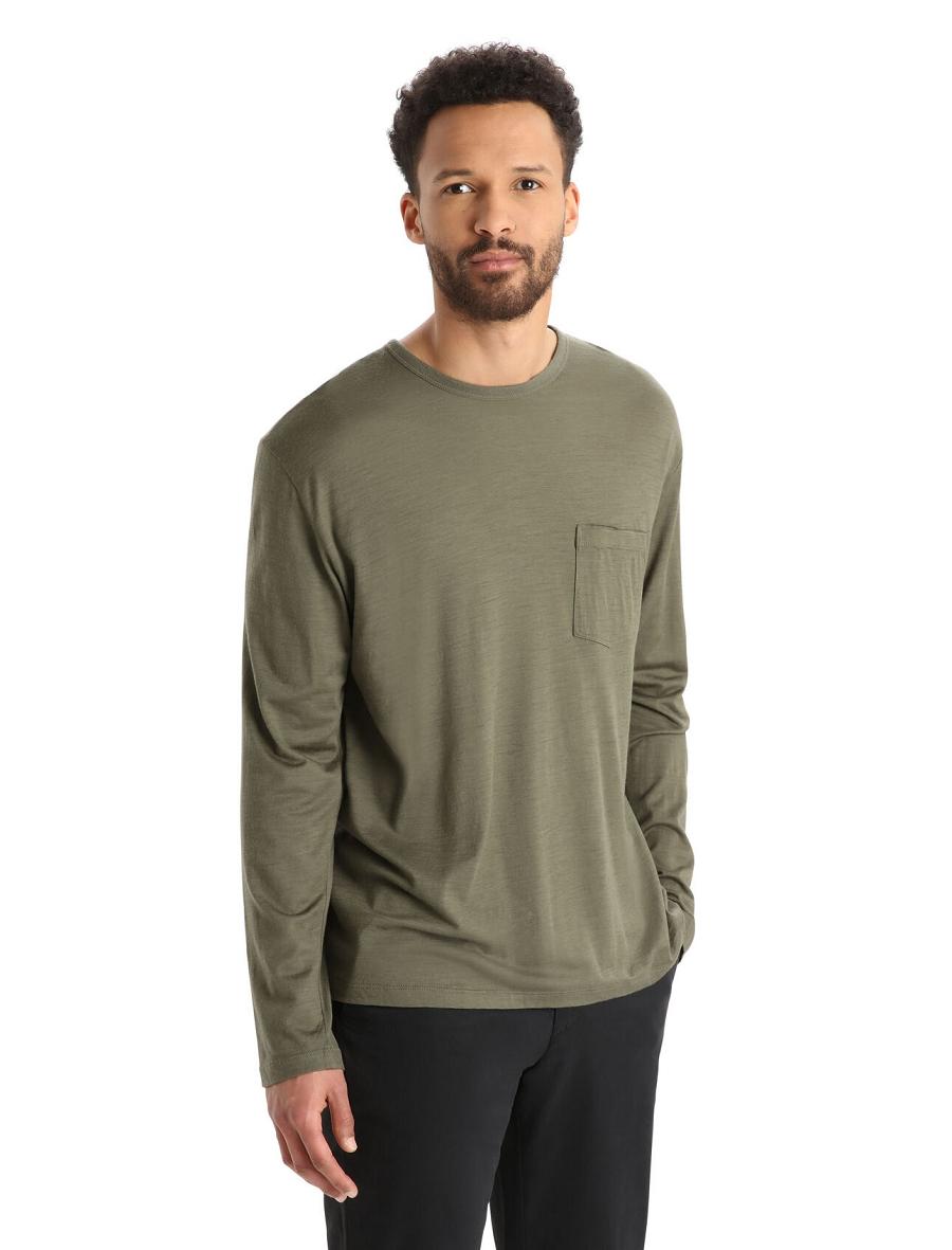 Icebreaker Merino Granary Pocket T-Shirt Miesten Long Sleeve Oliivinvihreä | FI 1238MQZA